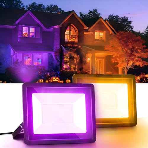 L LOHAS LED Orange and Purple Halloween Flood Light Outdoor, 2 Pack ???????? ????/?????? 50W Plug in Flood Light, IP66 Waterproof, 2300lm Outdoor Flood Lights for Yard, Party, UL Listed