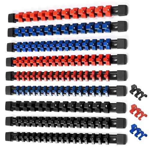 ALOANES 9PC ABS Socket Organizer, 1/2 inch, 3/8 inch and 1/4 inch Drive Socket Rail Holders, Heavy Duty Socket Racks, Black Rails with Red Blue Black Clips