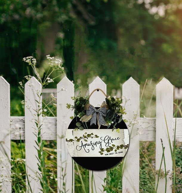 Amazing Grace Front Door Sign Funny Wreaths Hanging Wooden Plaque Decoration Round Rustic Wood Farmhouse Porch Decor for Home Front Door Decor, 12 x 12 Inch