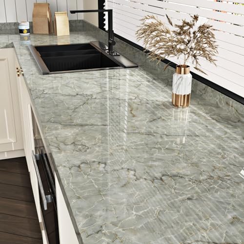 Cyan Green Marble Contact Paper for Countertops Cabinets Green Marble Wallpaper Glossy Waterproof Peel and Stick Countertops Self Adhesive Vinyl Wrap for Kitchen Bathroom Counter 15.7" X 78.8"