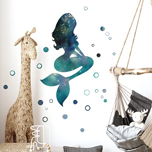 Starry Sky Mermaid Wall Decals and Stickers - Peel and Stick DIY Removable Green Bubbles Vinyl Wall Art Decor for Kids Baby Bedroom Nursery Bathroom Door DT-1912