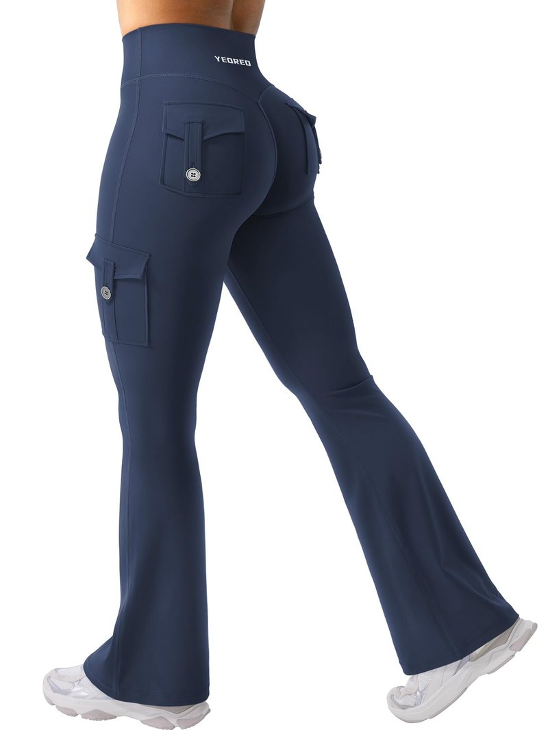 YEOREO CoreFlex Women Workout Flare Leggings with Pockets Hidden Scrunch High Waisted Cargo Gym Yoga No Front Seam Leggings Blue Navy S