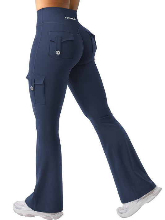 YEOREO CoreFlex Women Workout Flare Leggings with Pockets Hidden Scrunch High Waisted Cargo Gym Yoga No Front Seam Leggings Blue Navy S