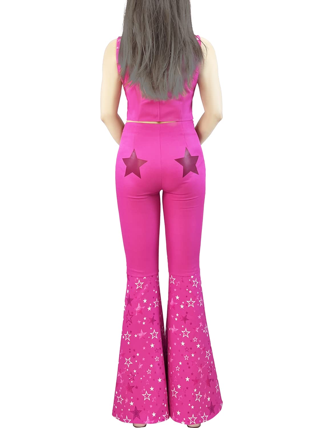 Naywig Cowgirl Outfit 70s 80s Hippie Disco Costume Pink Flare Pant Halloween Cosplay For Women Girls-X-Large