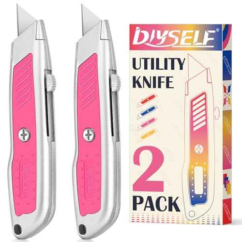 DIYSELF 2 Pack Box Cutters, Aluminum Utility Knife, Box Cutter Retractable, Sturdy Razor Knife for Cardboard, Boxes, Packages, Papers, Cartons, Navajas de Trabajo