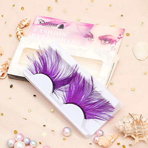 Dorisue Huge lashes Dramatic Halloween eyelashes Double Lip Black with Purple Big Extra Long Feather eyelashes Cat eye shape Costume Spider Firework style lashes