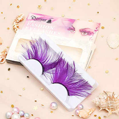 Dorisue Huge lashes Dramatic Halloween eyelashes Double Lip Black with Purple Big Extra Long Feather eyelashes Cat eye shape Costume Spider Firework style lashes