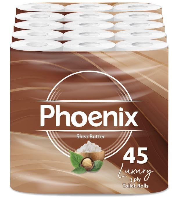 Phoenix Toilet Rolls – 45 Pack | 3 Ply Shea Butter Scented Toilet Paper | Bulk Buy, Soft, Quilted, Sustainably Sourced, Eco- Friendly Luxury Bathroom Tissue