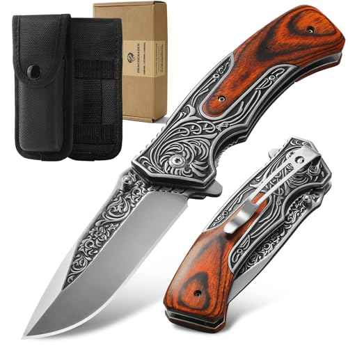 Pocket Knife for Men, 8.7" Folding Knife, 440 Stainless Steel Blade, 0.19lb, Wood Handle with 3D Retro Embossed Pattern, EDC Folding Knife for Work, Camping, Christmas Gifts