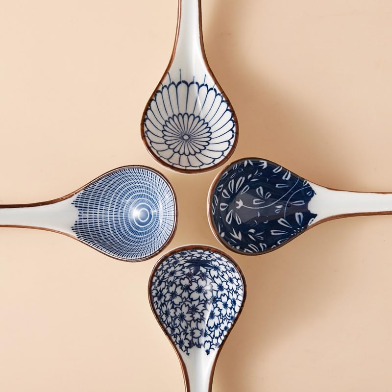 JOBNTZ Asian Soup Spoon,Ceramic Ramen Spoons Japanese Style for Pho, Miso soup, Dumpling, Noodles, Chinese Wonton Dishwasher safe - Set of 4 - Blue