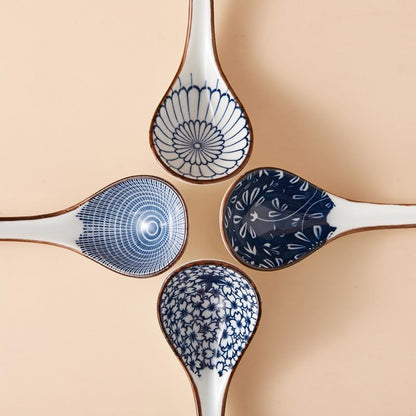 JOBNTZ Asian Soup Spoon,Ceramic Ramen Spoons Japanese Style for Pho, Miso soup, Dumpling, Noodles, Chinese Wonton Dishwasher safe - Set of 4 - Blue