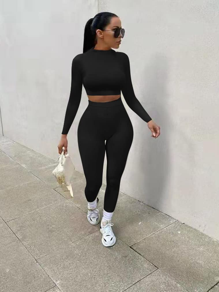 GOKATOSAU Women's Sexy 2 Piece Outfits Long Sleeve Crop Top Pants Set Club Jumpsuits Black