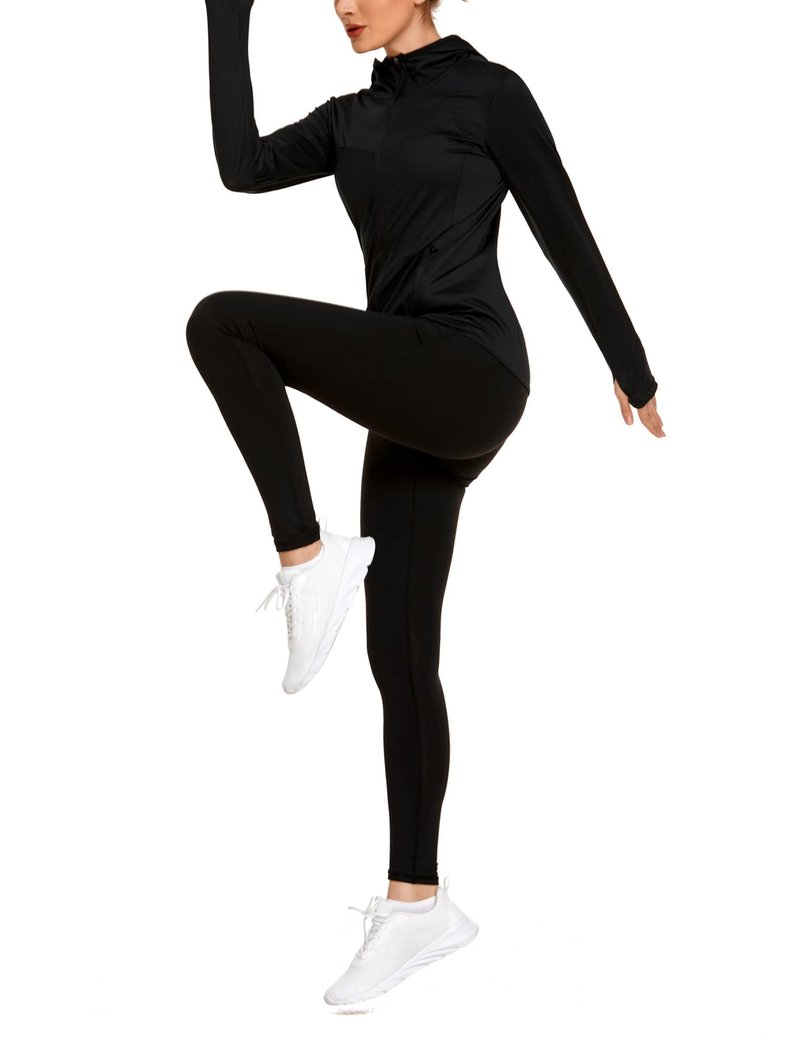 COOrun Women's UPF 50+ Sun Protection Hoodie Jacket Lightweight Full Zip Running Jacket Athletic Workout Top with Thumb Holes Zipper Pockets Black XL
