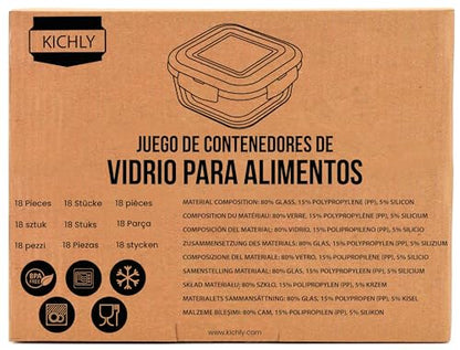KICHLY Glass meal prep containers - Set of 18 pcs (9 Containers and 9 Lids) - Airtight Storage glass food containers with lids for Freezer - Snap locking, Dishwasher safe, Oven Friendly, & BPA Free