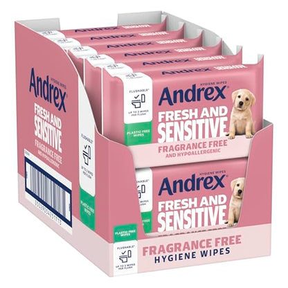 Andrex Fresh and Sensitive Hygiene Wipes, 12 Pack; Flushable Moist Toilet Tissue, Hypoallergenic and Fragrance Free Wet Wipes for Sensitive Skin (Pack of 12), FSC Certified