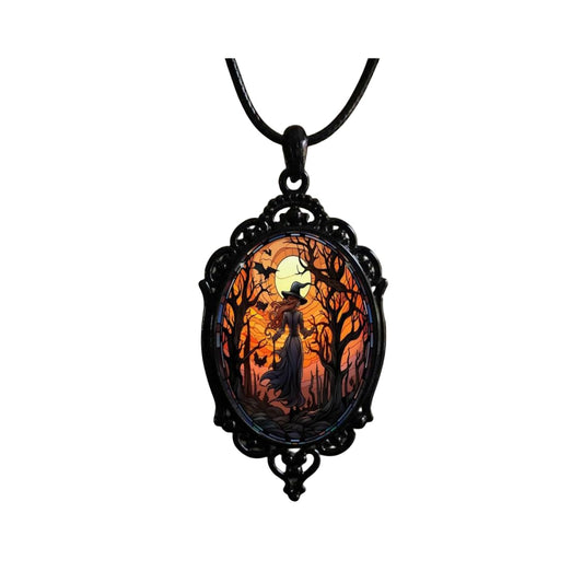 Gothic Bat Glass Pendant Necklace for Women Vintage Gothic Rope Chain Witch Bat Choker Dark Punk Style Necklace Victoria Emboss Necklaces Mystic Witch Jewelry Accessories (Witch)