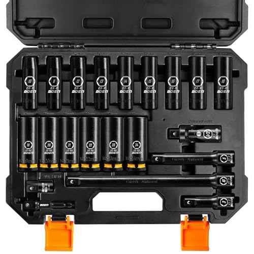 BOEN Pro 1/2" Drive Metric Deep Impact Socket Set, 21-Piece CR-MO &CR-V Steel, Upgraded Torque & Durability, 10mm-24mm, Includes Extension Bars, Universal Joint, Adapter ? Meets ANSI