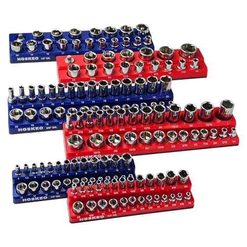 Magnetic Socket Organizer Set, 6 Pcs Red SAE and Blue Metric Socket Tray Set for 1/4", 3/8" & 1/2" Sizes Drive, Socket Holder Holds 143 Sockets for Tool Box