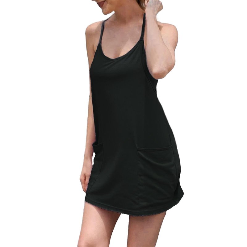 UNIANKIYA Womens Workout Romper Dress with Shorts Underneath Sleeveless Spaghetti Straps Athletic Outfits Casual Vacation Black