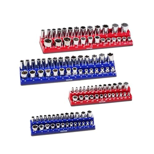 VEVOR 4PCS Magnetic Socket Holder, 1/4'' & 3/8'' Metric SAE Socket Trays with Clear Labels, Holds up to 108PCS Standard & Deep Sockets, Blue (Metric) & Red (SAE) Organizer Set