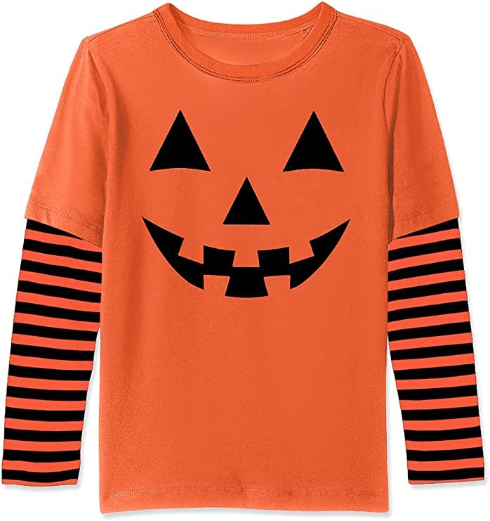 Chvity Womens Long Sleeve Halloween Shirts Funny Pumpkin Smile Face Causal Oversized Stripe Shirt(O,L)