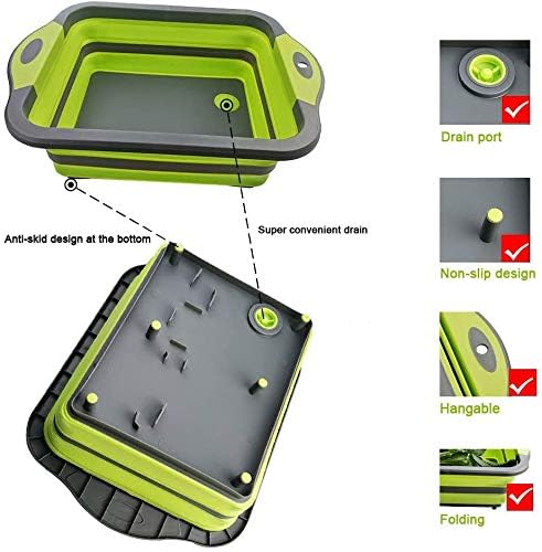 YZWDTGS Collapsible Cutting Board with Colander, Foldable Multi-function Kitchen Plastic Silicone Dish Tub, Fruits Vegetables Wash and Drain Sink Storage Basket (Green)