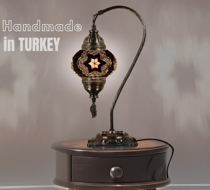 DEMMEX Turkish Moroccan Mosaic Table Lamp – Handcrafted Tiffany-Style Colorful Glass Swan Neck Bedside, Desk, Table Light, Boho Artisan Accent Lighting for Bedroom or Living Room – 15" H, Black White