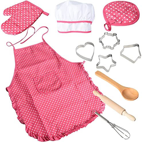 Acekid Chef Set for Kids,11pcs Kitchen Costume Role Play Kits, Girls Apron with Chef Hat,Cooking Mitt and Cookie Cutters (Rose red)