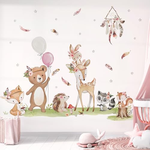 decalmile Boho Woodland Animals Wall Stickers Deer Bear Fox Rabbit Wall Decals Baby Nursery Kids Bedroom Living Room Wall Decor