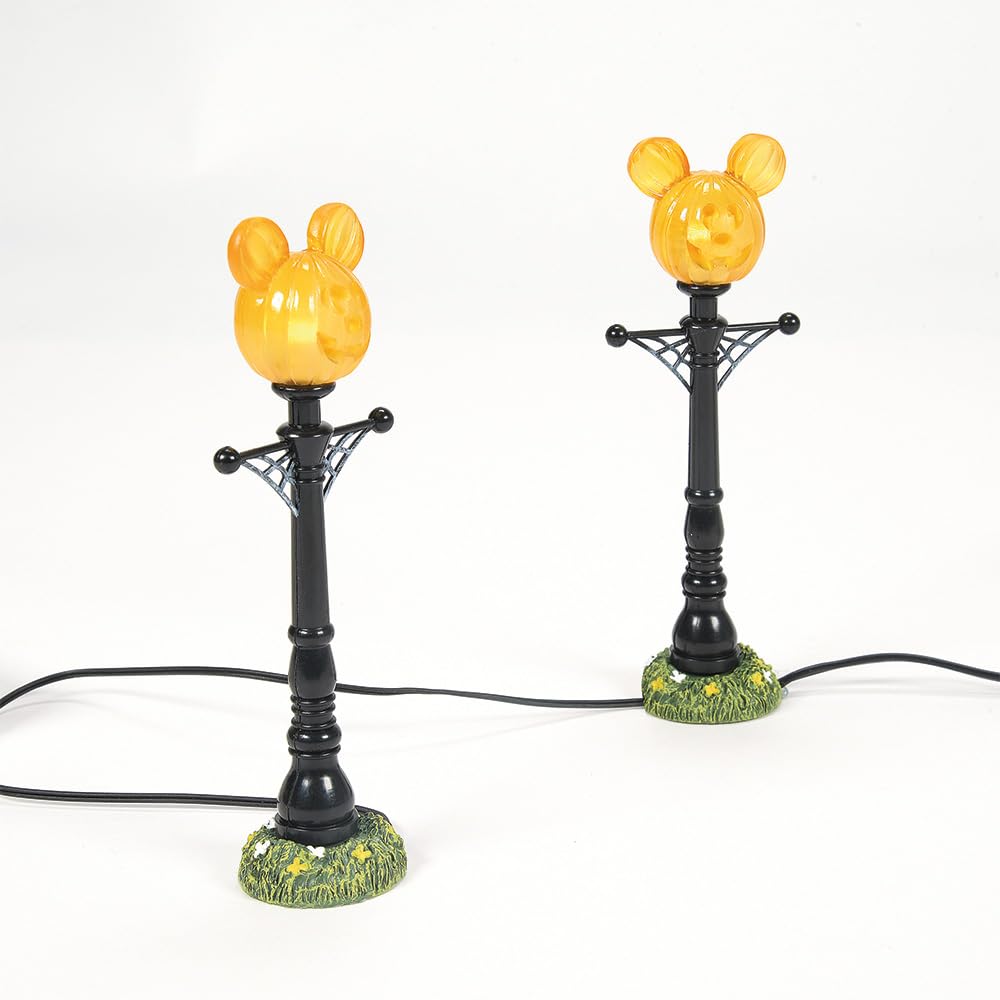 Department 56 Disney Village Halloween Accessories Pumpkintown Mickey Mouse Street Lights Lit Figurine Set, 4.625 Inch, Multicolor