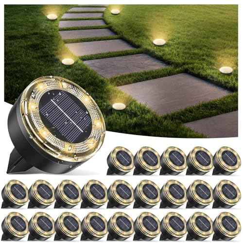 Mini Solar Ground Lights, 24 Pack Solar Lights Outdoor Waterproof, Upgraded LED Flat Landscape Lighting for Outside Pathway Garden Patio Yard Driveway,Warm White