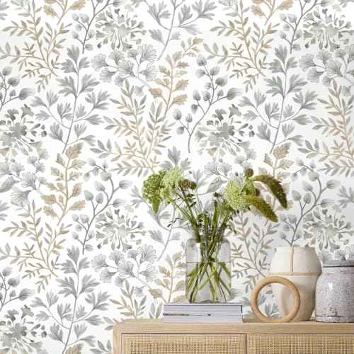 Rugreat Vintage Leaf Peel and Stick Wallpaper Boho Gray/Brown Contact Paper for Cabinets Self-Adhesive Removable Wallpaper for Bedroom Decor Botanical Contact Paper Bathroom Waterproof 78.8inL17.3inW