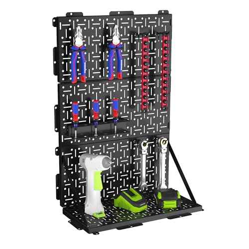 WORKPRO 16¡±x 16¡± Metal Peg Board, Foldable Black Pegboard for Wall Organization, Steel Panel with Round Holes & Vertical Slots, Ideal Tool Organizer in Office and Craft Room, 2 Pack