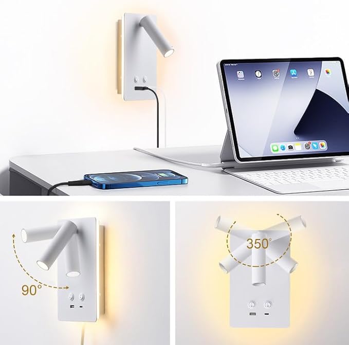 MOLUOLA LED Wall Lamp Wall Mounted Reading Lights Set of 2, Adjustable Headboard Plug in Wall Sconce with USB C+A Ports, Headboard Bedside Lamp with 9W+3W Night Light 3000K (White)