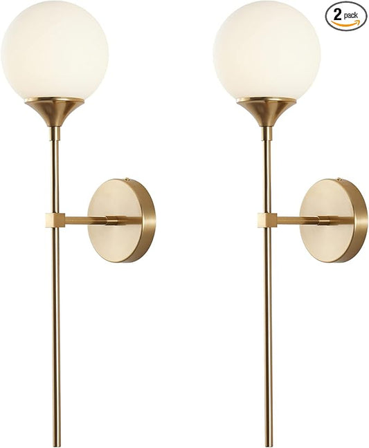 KCO Mid-Century Modern Wall Mounted Sconces Set of 2 Brushed Gold Globe Vanity Light Fixture Long Arm Industrial Bathroom Lighting Fixtures Over Mirror (White)