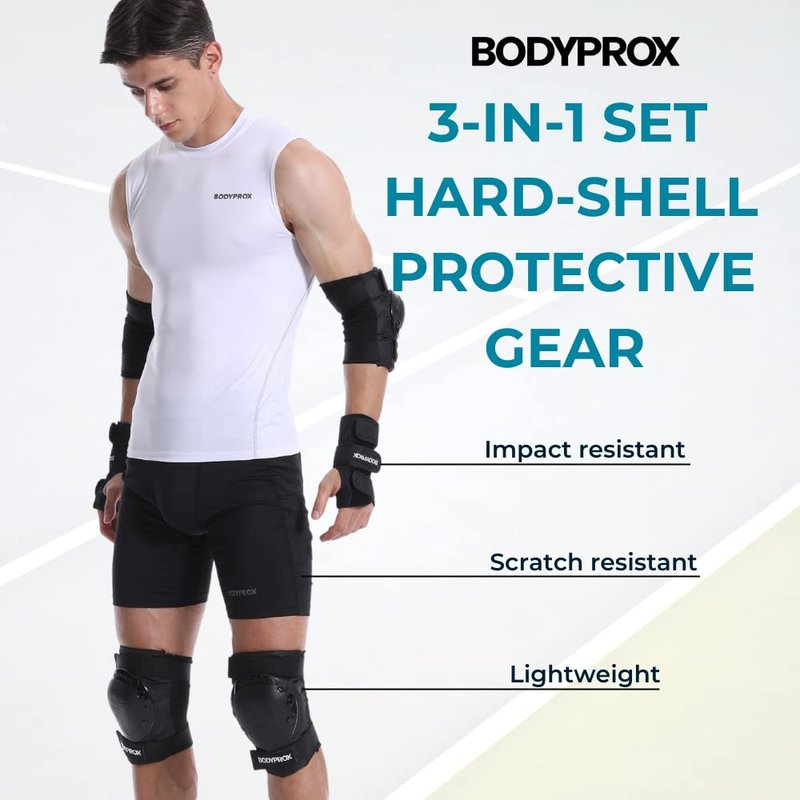 BODYPROX Knee Pads Elbow Pads Wrist Guards Set for Skateboarding, Roller Derby, BMX Ride, and Inline Skating (Youth One Size)