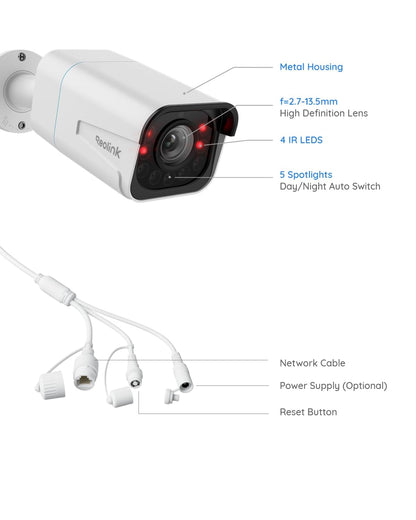 REOLINK RLC-811A PoE IP Security Camera 4K - 123° FoV, 5X Optical Zoom for Outdoor Usage, 2.7mm Lens with Color Night Vision, Human/Vehicle/Pet Smart Detection, 2 Way Talk, Up to 256GB microSD Card
