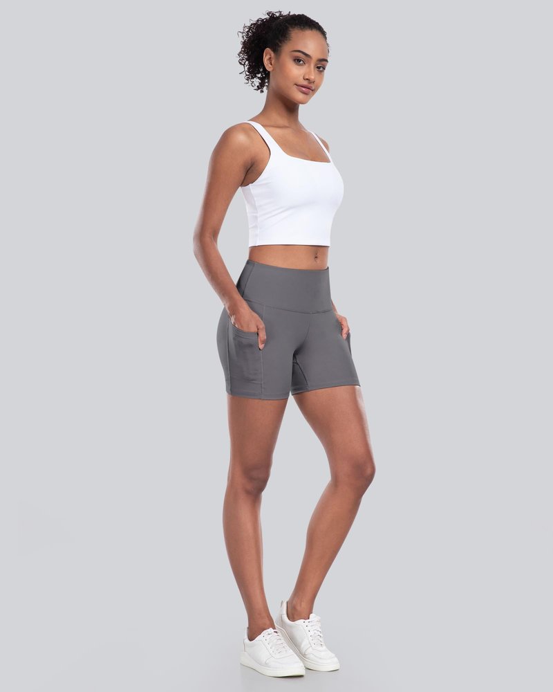 CHRLEISURE Womens Biker Yoga Shorts with Pockets: High Waisted Tummy Control Spandex Workout Athletic Gym Shorts 4 Packs(5'' Black,Black,Gray,Navy, L)
