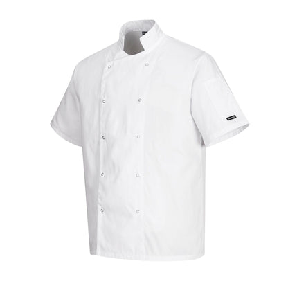 Portwest C733 Men's Cumbria Chef Jacket Lightweight Short Sleeve Durable Workwear Multi Functional Apron with Sleeve Pocket Machine Washable, White, L