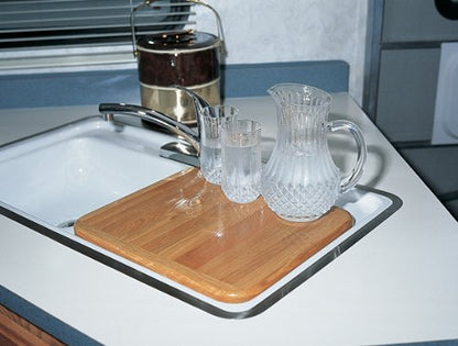 Camco Camper/RV Sink Cover | Features Adjustable Legs w/Non-Slip Feet & Solid Oak Hardwood Top w/Non-Toxic Gloss Finish | Top Measures 13” x 15” | Great for RVs, Campers, Boats & More (43431)