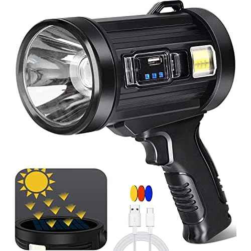 Spotlight 100000 Lumens, 6 Modes Led Rechargeable Spotlight Flashlight As Seen on TV with Tripod, Color Filters, Super Bright Solar Spot Lights Outdoor Handheld for Hunting, Boating, Camping