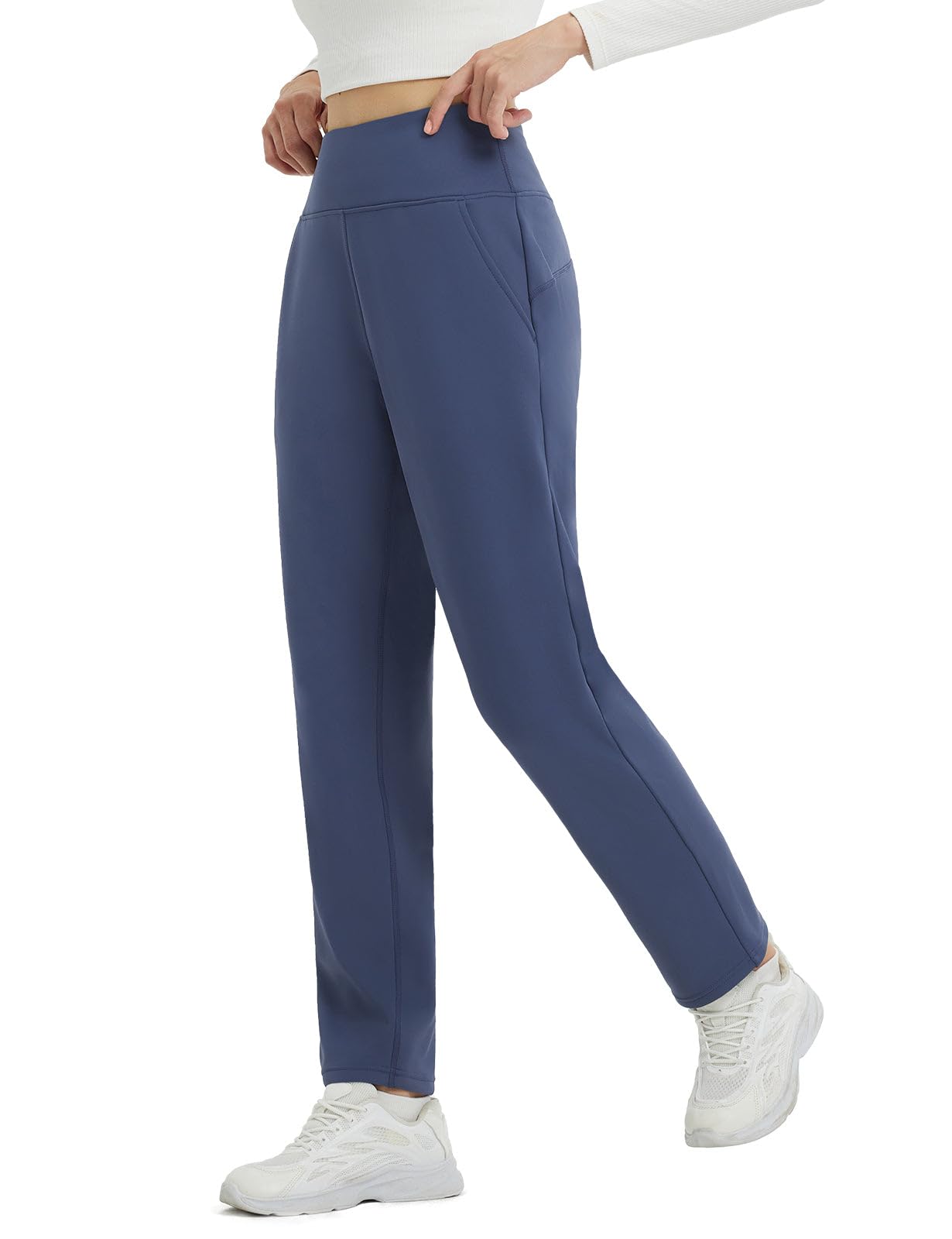 baleaf Women's Fleece Lined Pants Winter Warm Thermal Water Resistant High Waisted Travel Pants Thick Pants Work Golf Casual Navy Blue M