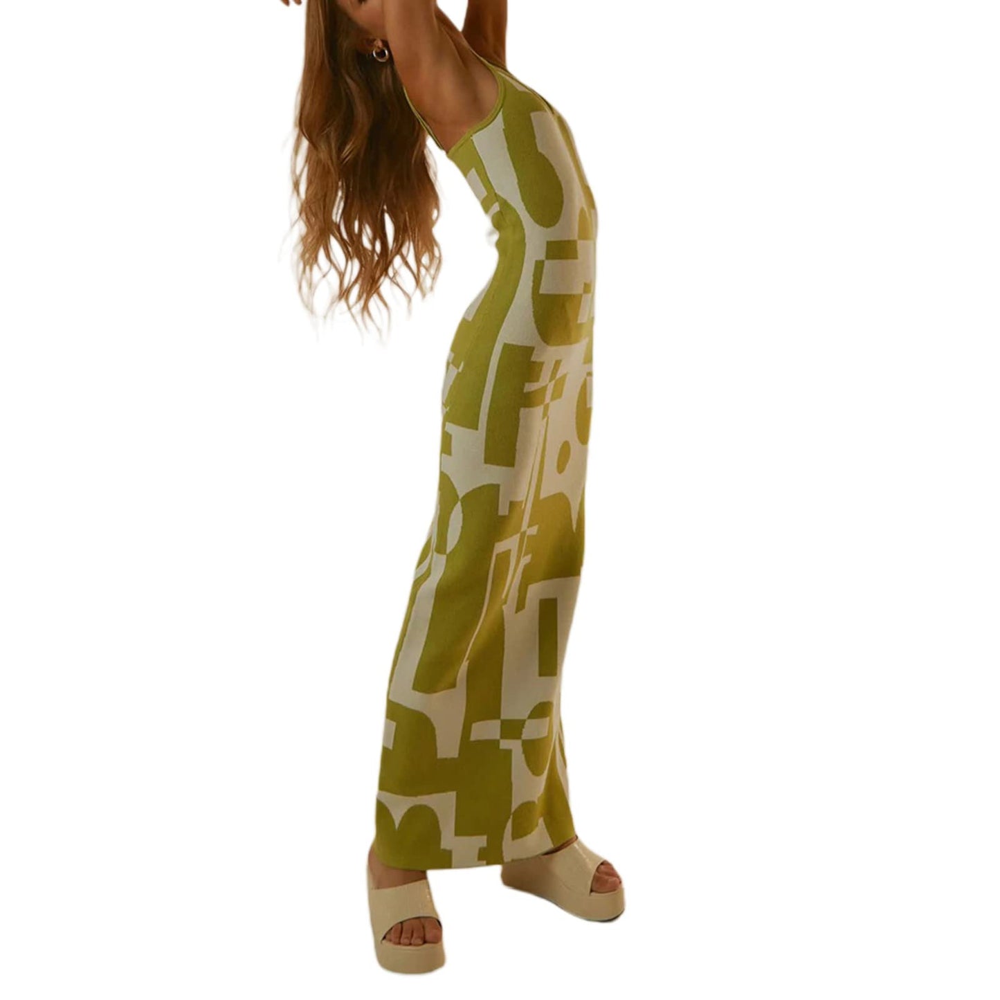 Fabumily Sexy Knit Bodycon Dress for Women Sleeveless Spaghetti Strap Cut Out Maxi Dress Backless Y2K Summer Beach Dresses (A- Green & White, S)