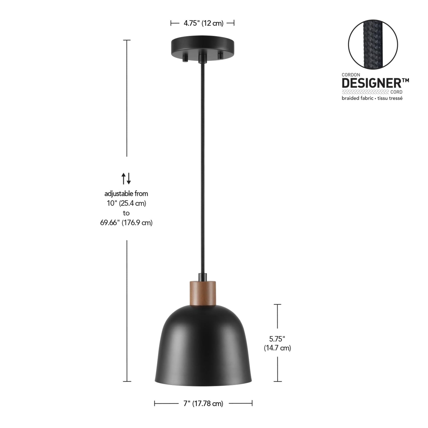 GLOBE Electric 67000193 1-Light Pendant Lighting, Matte Black, Wood-Toned Accent on Socket, 5ft Black Fabric Cord, Home Improvement, Kitchen, Living Room, Hanging Ceiling Light