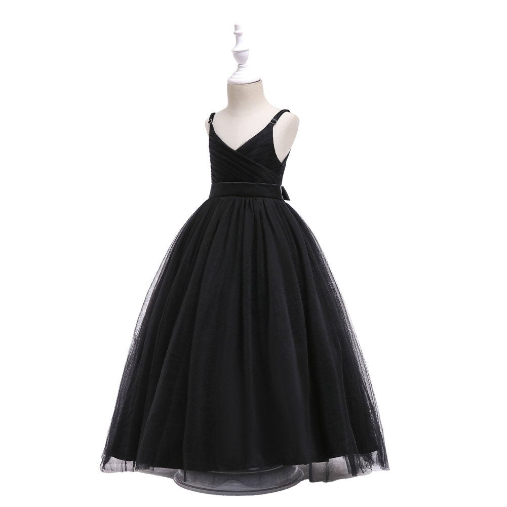 Glamulice Kids Funeral Flower Girls Black Dress Lace Bridesmaid Long A Line Wedding Pageant Dresses Tulle Spaghetti Strap Party Gown Christmas Holiday Evening Prom Princess Birthday Gown 11 12