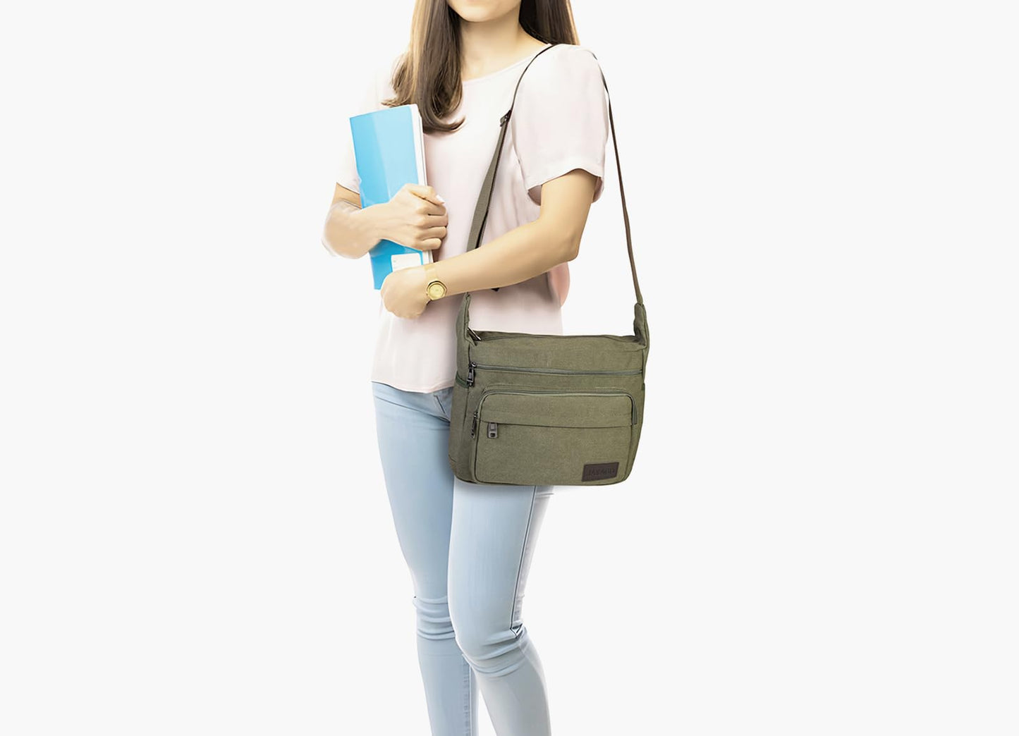 JAKAGO Canvas Messenger Bag Mens/Women Shoulder Bag with Multiple Pockets for School Travel Outdoor Fishing Camping Work Daily Use (15 inch,Green)