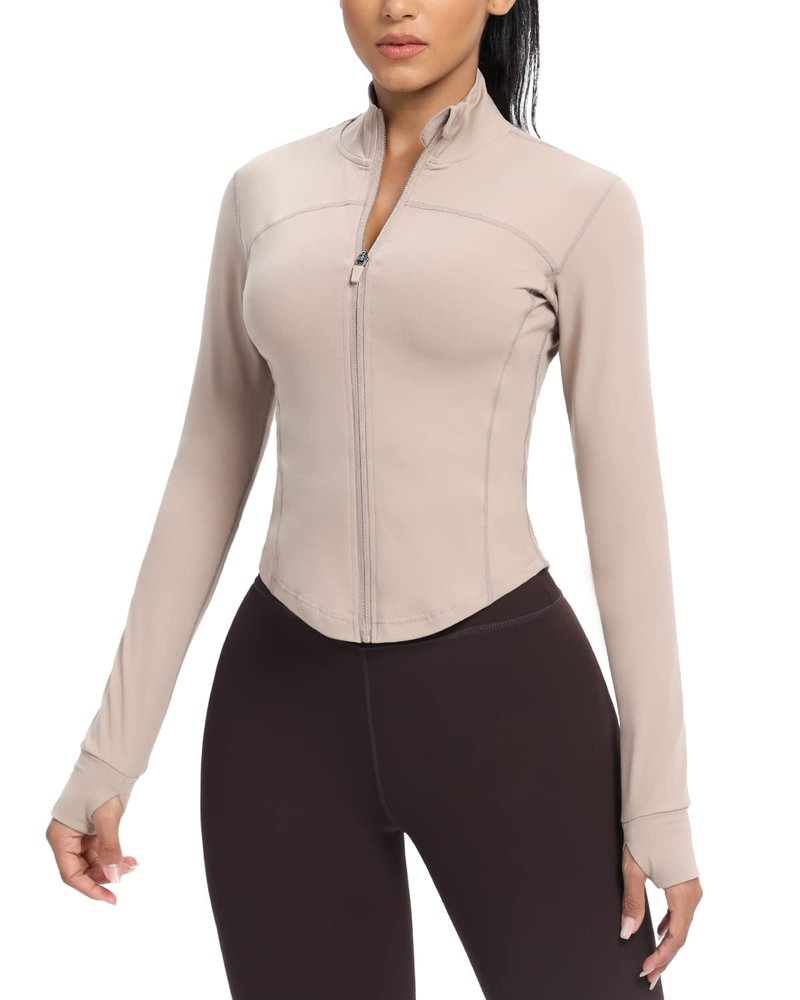 AVGO Women's Cropped Running Workout Jackets Zip Slim Fit Athletic Tops with Thumb Holes(Almond, M)