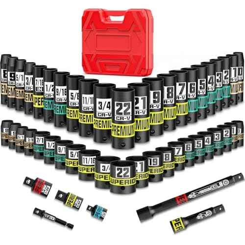 3/8" Drive Impact Socket Set, 50-Piece Standard SAE 5/16 to 3/4 inch and Metric 8-22mm, Cr-V Steel, 6 Point, with Extension Bars and Adapters,for Impact Wrenches, Automotive and Home
