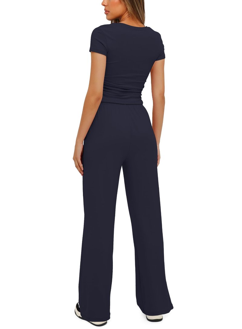 Darong Women's 2 Piece Outfits Short Sleeve Lounge Sets 9042A Dark Blue M