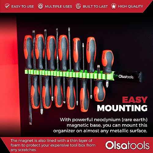Olsa Tools Magnetic Screwdriver Organizer | Professional Quality Tool Organizer | Fits up to 16 Screwdrivers | Black and Green